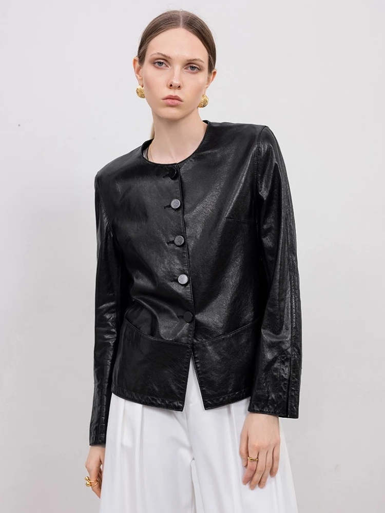 

Classic O-neck Genuine Leather Jackets for Women Spring Autumn 2026 New High-end Simple Slim Short Oil Wax Real Sheepskin Coat