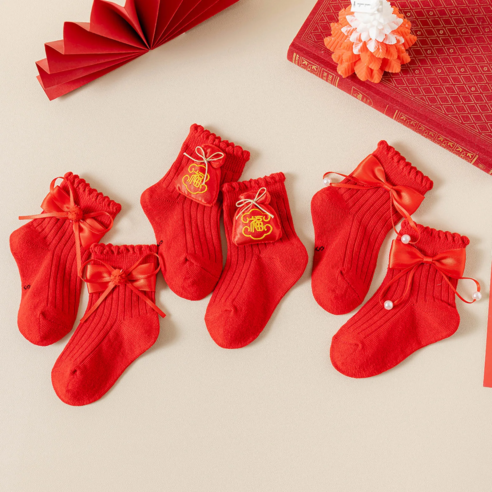 Tregren 1-5Years Toddler Baby Chinese New Year Socks Toddler Cotton Socks Cute Bowknot Crew Socks for Infant Girls