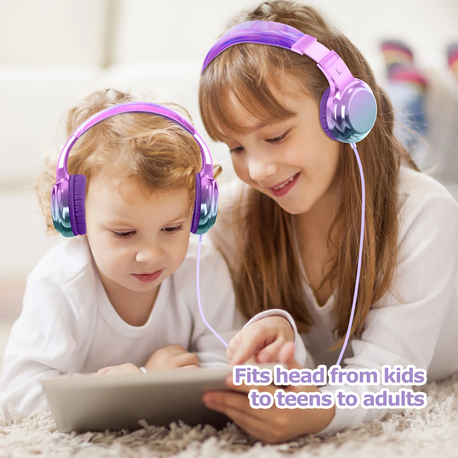 Auriculares con cable degradado para niños con micrófono, auriculares para niñas, auriculares estéreo ajustables para juegos de música, auriculares ligeros, regalos para niños