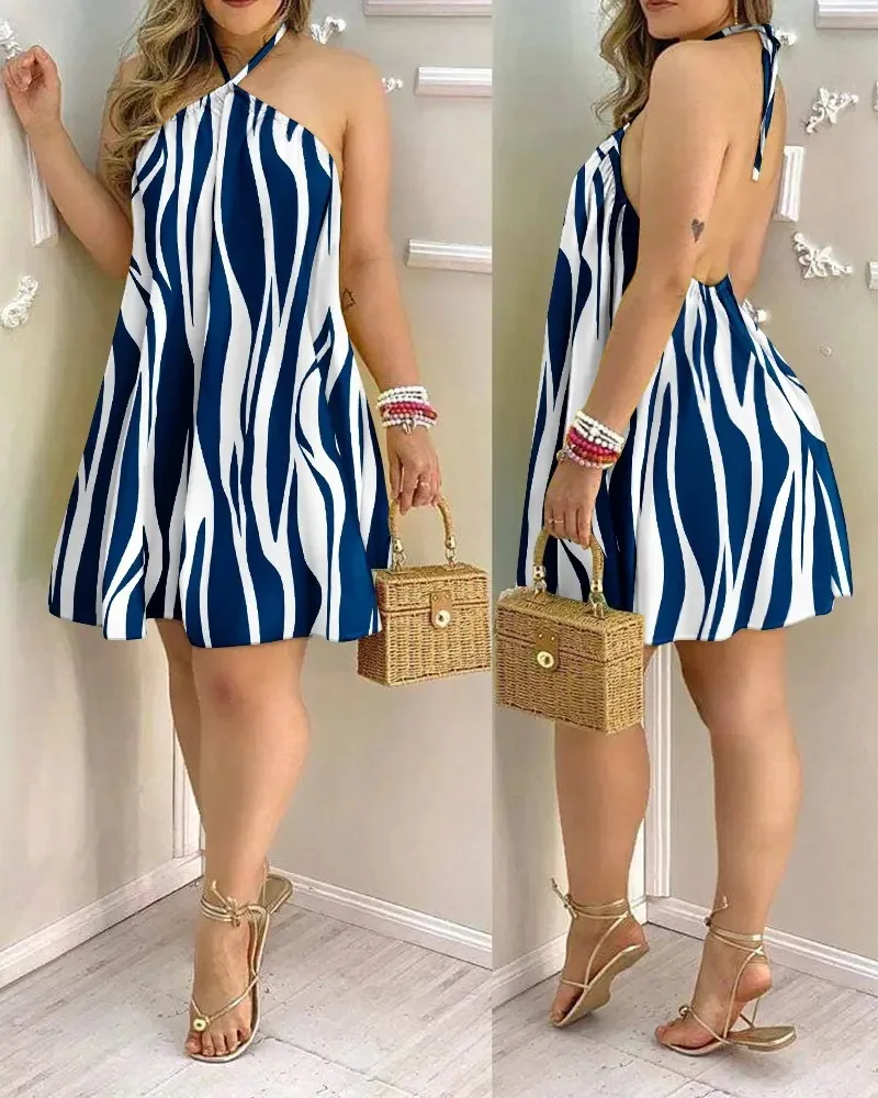 Tropical Print Halter Neck Dress, Vacation Style Backless Dress For Spring & Summer, Women's Clothing