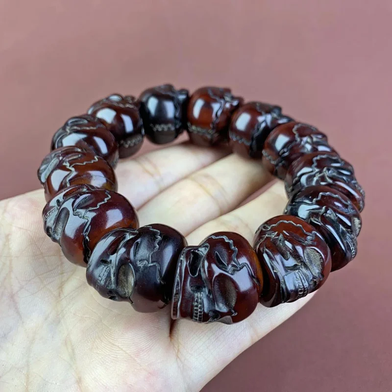 Tibetan Style Red Yak Horn Skull Bead Evil Spirit Bracelet Men with Blood Veins