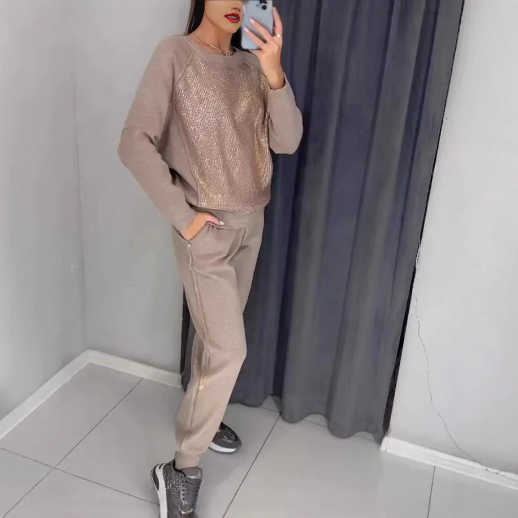 Casual Loose Sequins Patchwoek Sweatshirt Outfits Women Fashion Solid Pencil Pants Sets Spring New Sports Pants Two Piece Sets