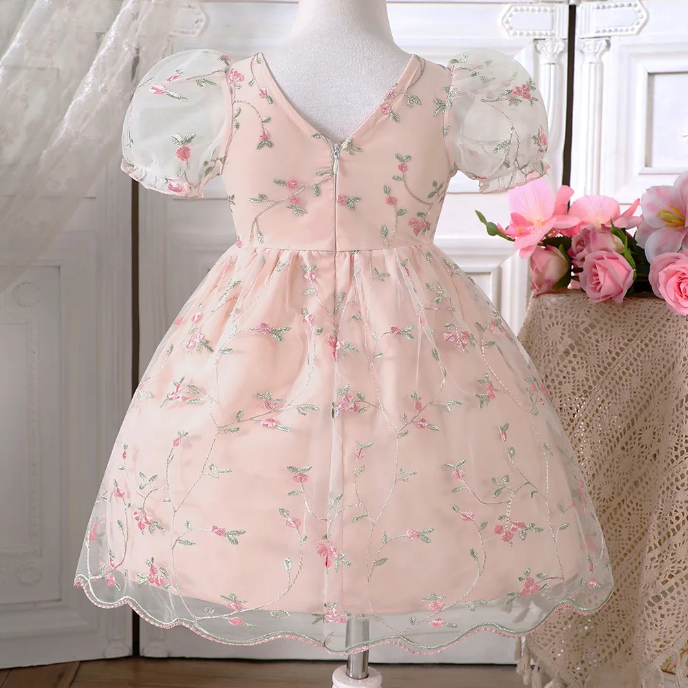 New Spring & Summer Toddler Light Pink Princess Dress - Floral Embroidery, Mesh Puff Sleeves & Large Bow Waist, Elegant Dress
