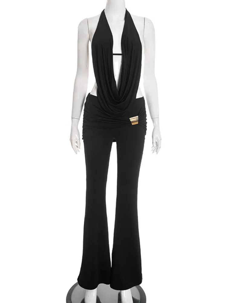 Mozision Seksowny Komplet Damski z Wycięciami: Top typu Halter z Głębokim Dekoltem w Serek i Długie Spodnie, Dopasowany Zestaw, Obcisły Seksowny Komplet Damski