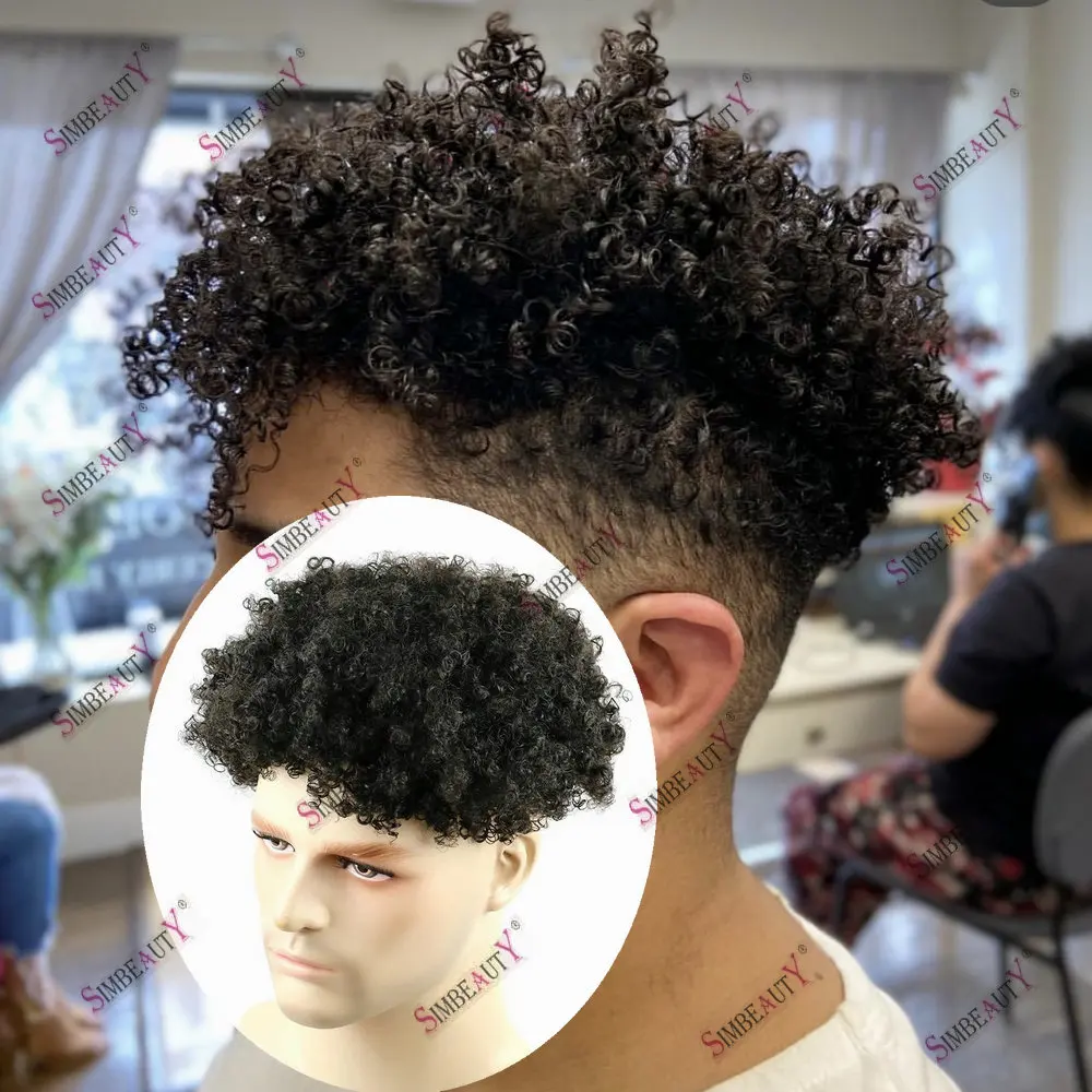 

Natural Hairline 8mm Afro Curly Toupee for Men Indian Human Hair Capillary Prosthesis System Durable Full Skin PU Base Male Wigs