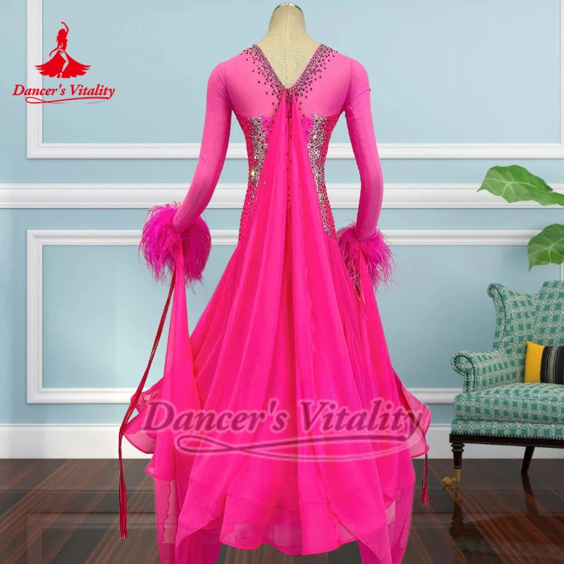 Vitalidad del bailarina vals Tango el nuevo estilo Color rosa traje de concurso profesional personalizar ropa de baile de salón tipo plumas