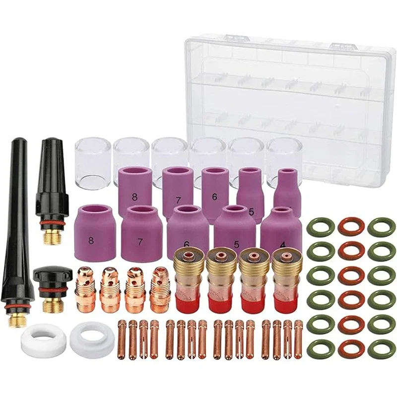 63PCS TIG Welding Torch Accessories Kit – Stubby Gas Lens, Nozzle, Collets, Body, #10 Glass Cup for WP-17/18/26