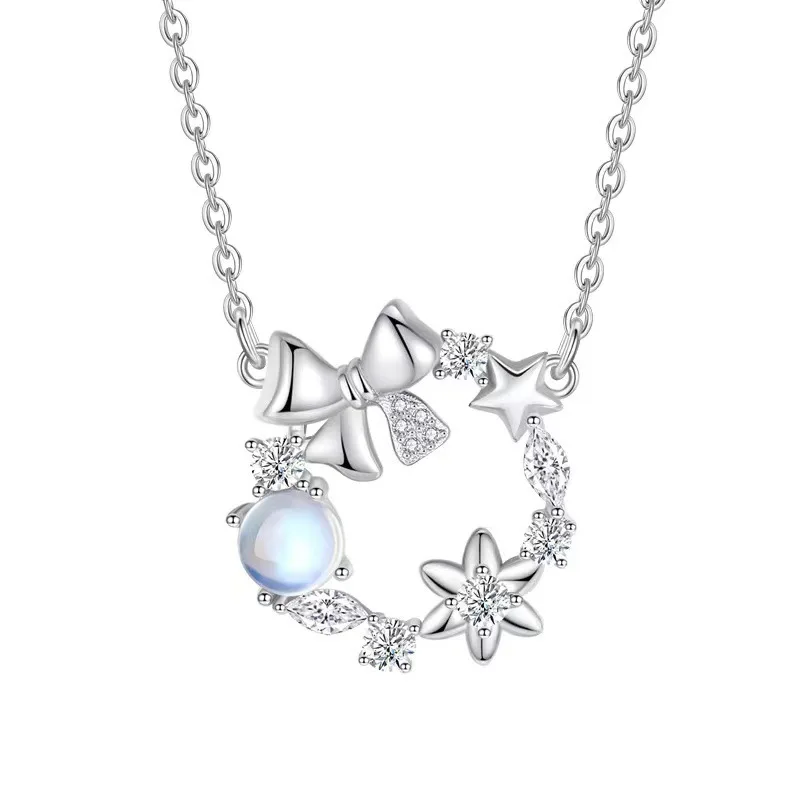 

European Sparkling 925 Sterling Silver Bow Pendant Necklace AAA CZ For Women Birthday Gift Jewelry