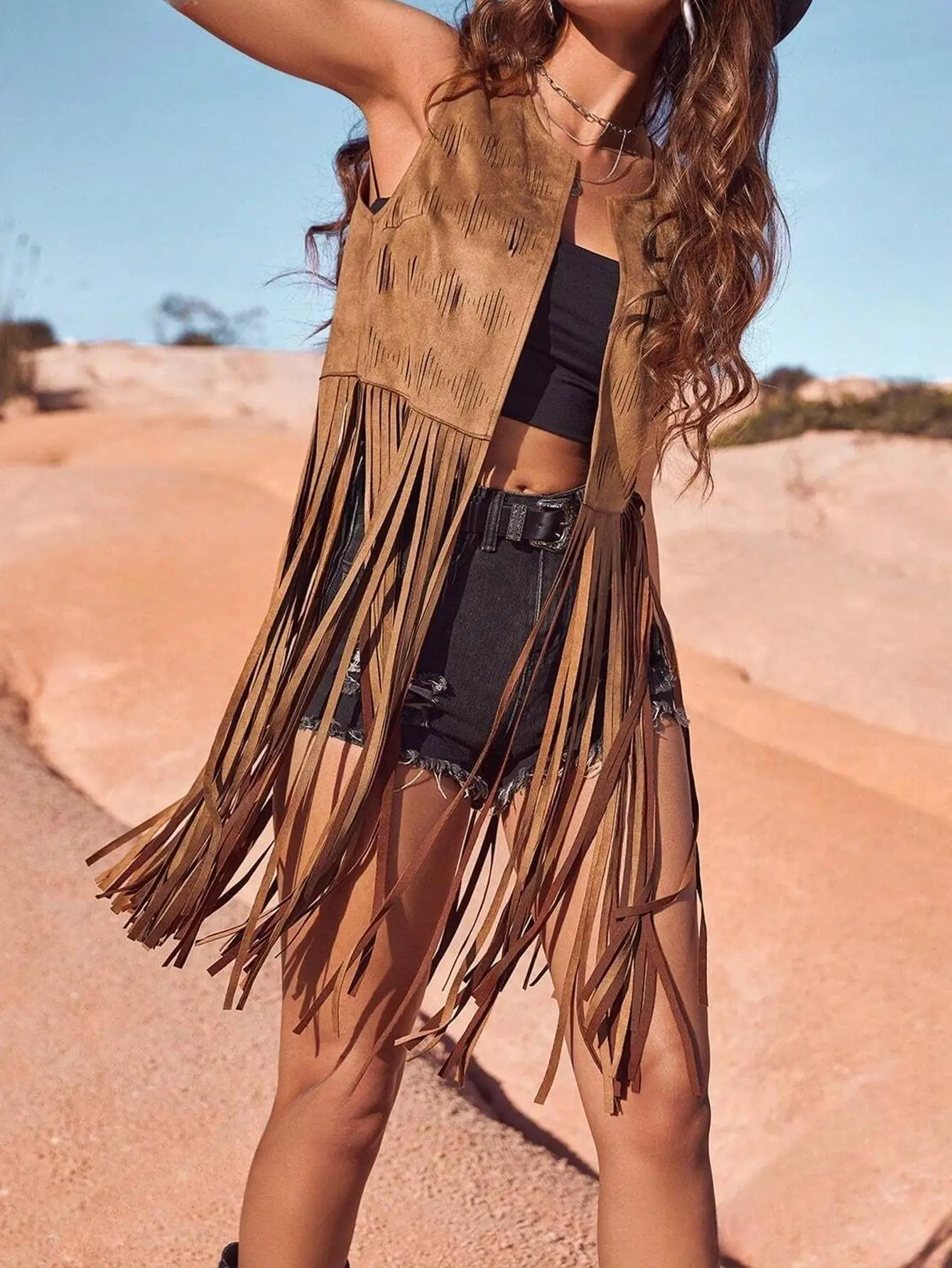Womens Hollowed Fringed Vest Waistcoat