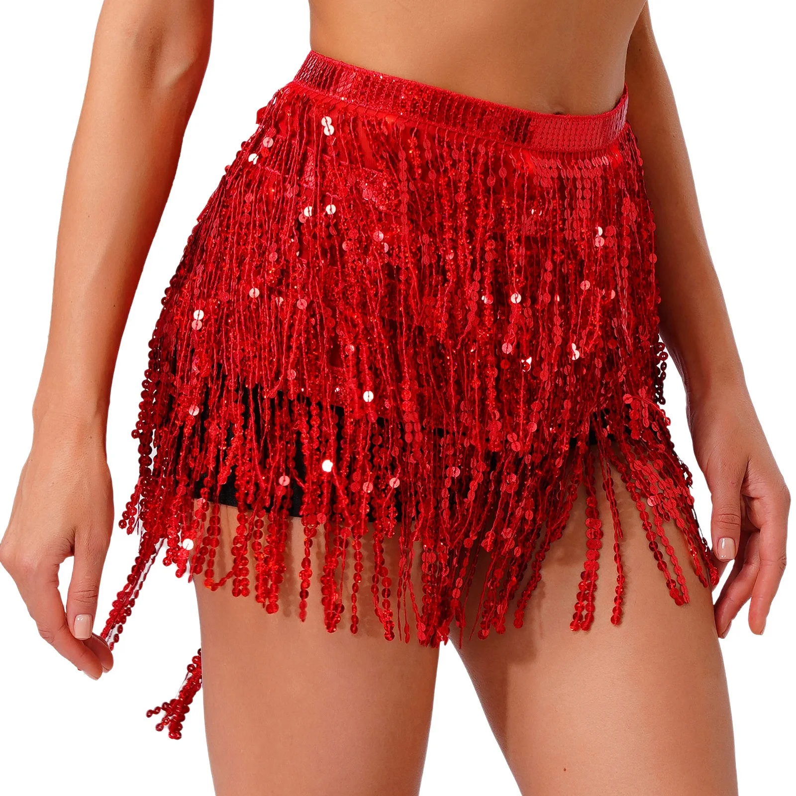

Women Light Up Belly Dance Hip Scarfs Glittery Sequin Tassel Lace-up Skirt 3 Change Modes LED Waist Wrap Miniskirt Dancewear