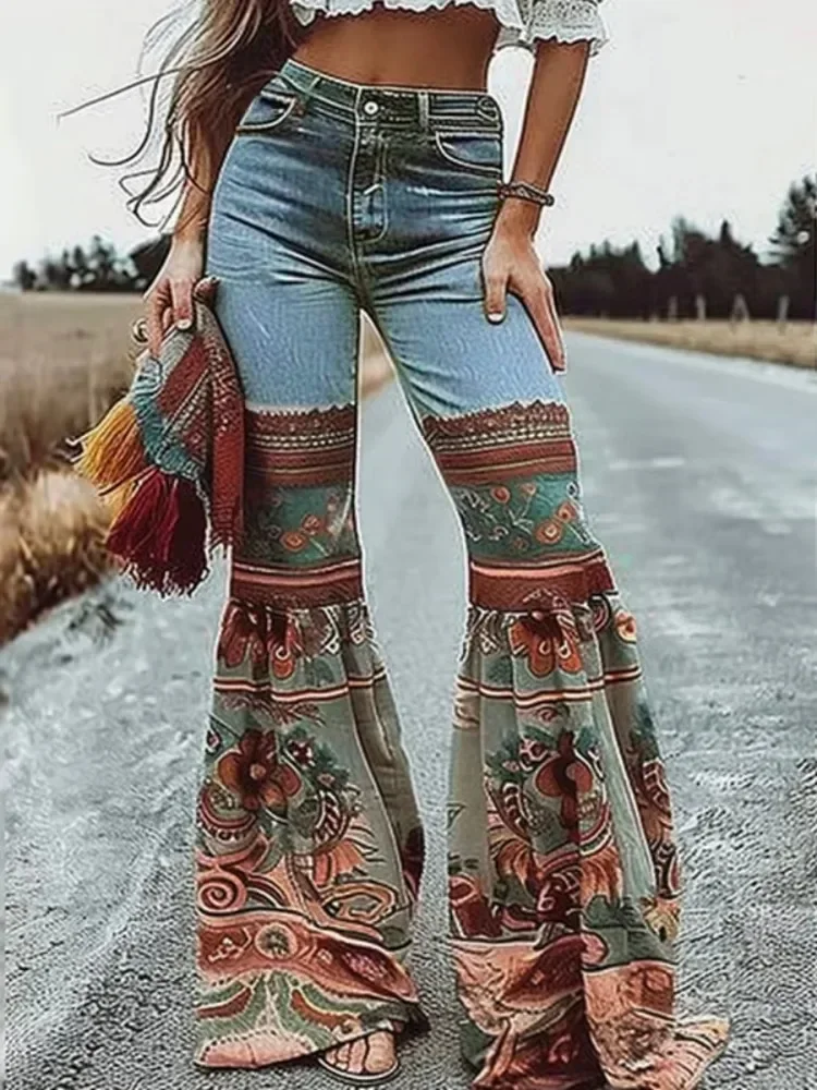 

Lemongor 2025 New Women's Vintage Jeans Floral Printed High-Waisted Pockets Urban Casual Loose Flared Pants Trousers Bottoms