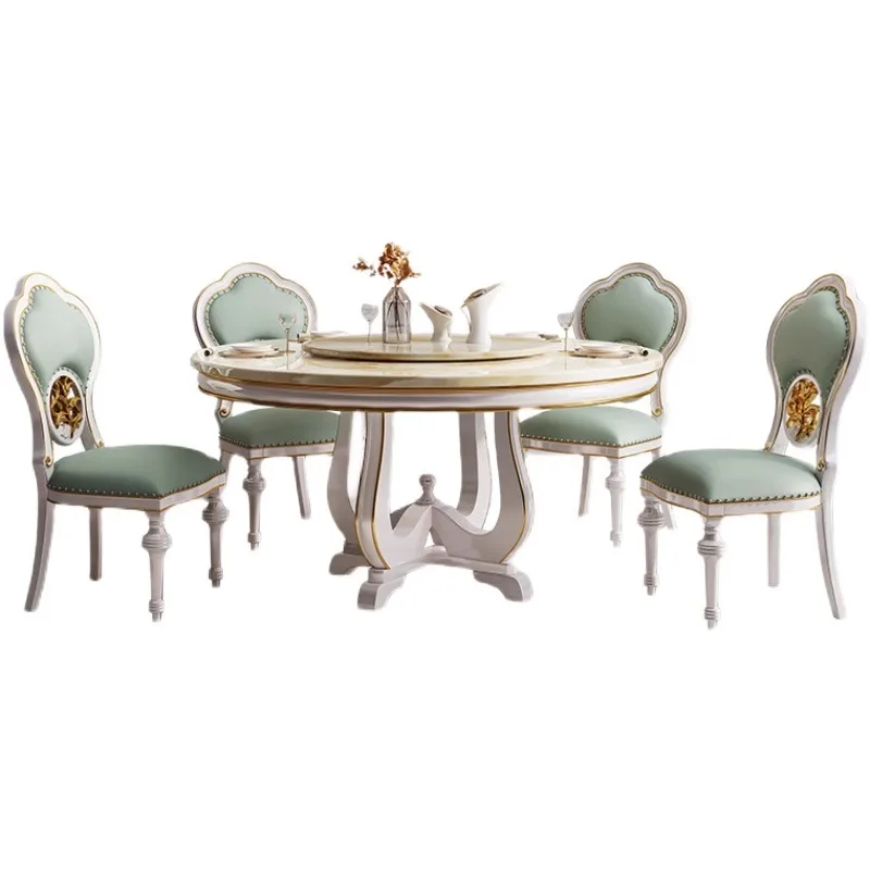 American light luxury solid wood dining table and chairs, high-end round table and 6 chairs in small and medium-sized restaurant