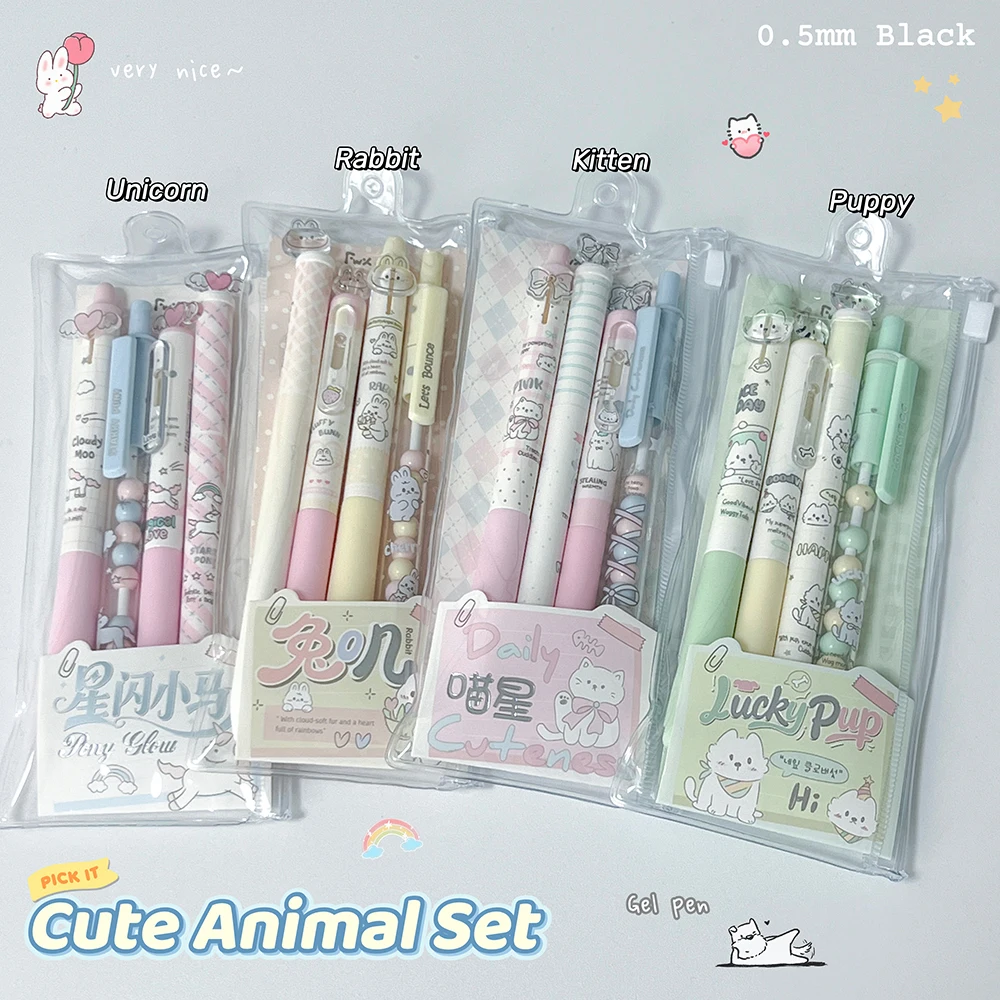 16Pcs Fun Animal Gel Pens Set 0.5mm Cute Puppy Kitten Quick-Dry Pens Creative Unicorn Rabbit Black Writing Pens