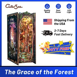 CUTEBEE Wooden 3D Puzzle DIY Book Nook Kit Miniature Dollhouse with Light Dust Cover Bookshelf Insert for Child Birthday Gift