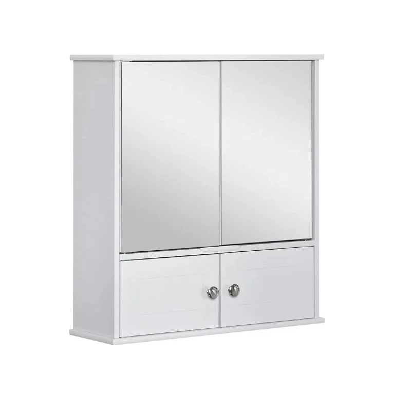 Medicine Cabinet with Mirror, Bathroom Wall Cabinet with 2 Mirrored Doors, 2 Modern Doors and Adjustable Shelf, White