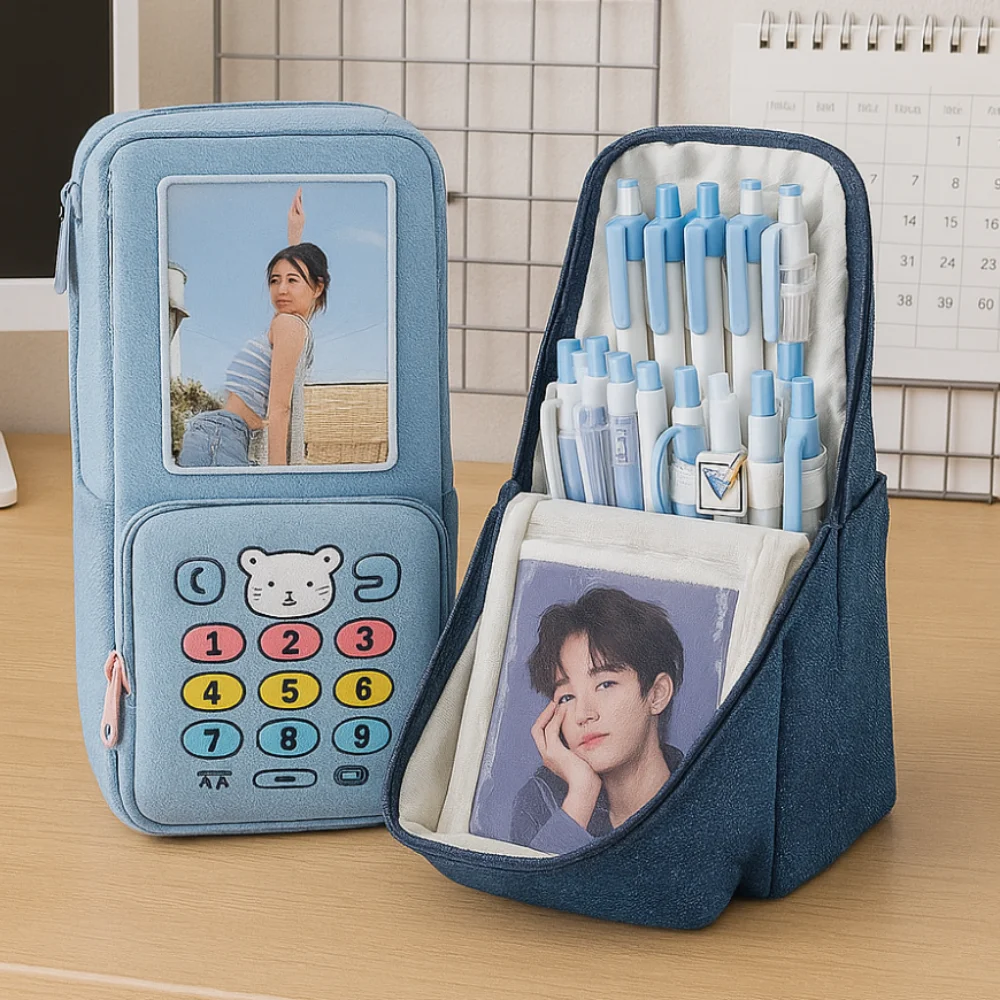 

Kawaii Denim Pencil Bag Multi Layer Large Capacity Pencil Case Photo Display Zipper Stationery Storage Bag School Supplies