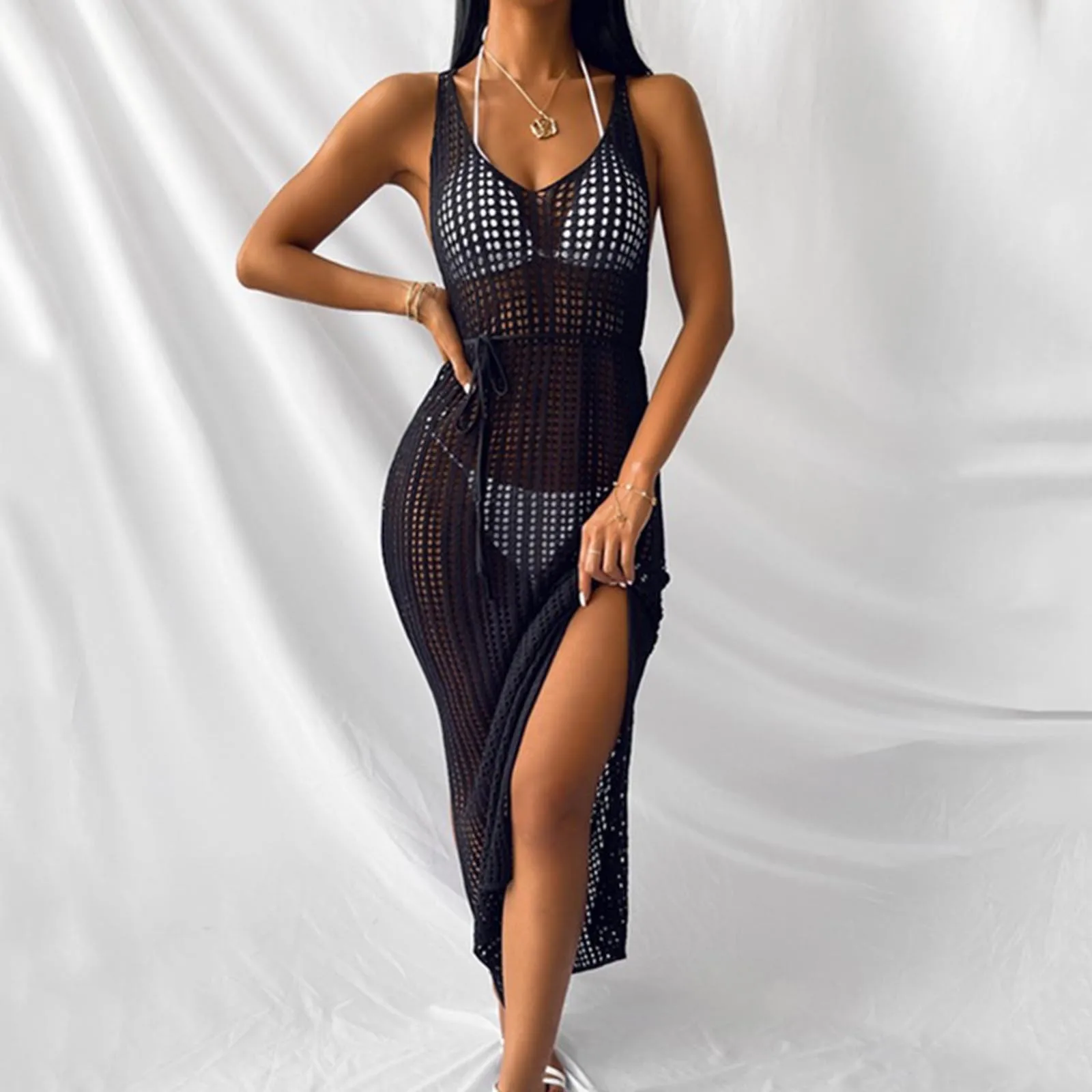 

Summer Solid Color Mesh Hollow Out Open Back Knit Beach Dresses Women's Loose Irregular Vacation Beach Swimwears Cover-Ups