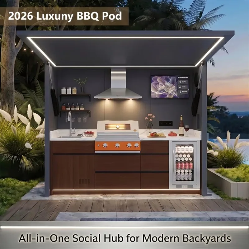 Integrated Outdoor Kitchen Bbq Island Combo with Built in Wood Fired Pizza Oven Base and Prep Workstation Unit