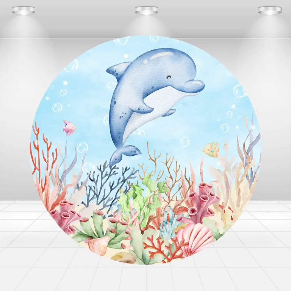 Underwater Sea Round Cover Backdrop Cute Marine Animal Dolphin Fish Birthday Party Decor Boy Baby Shower Cake Table Background