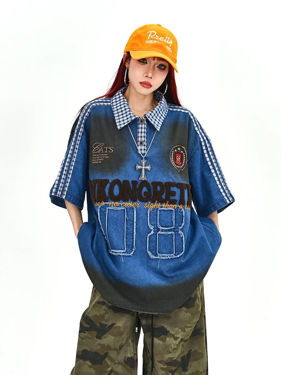 

Summer New Loose Women's Neck Short Sleeve T-shirt Casual Street Style Vintage American Denim Top for Couples