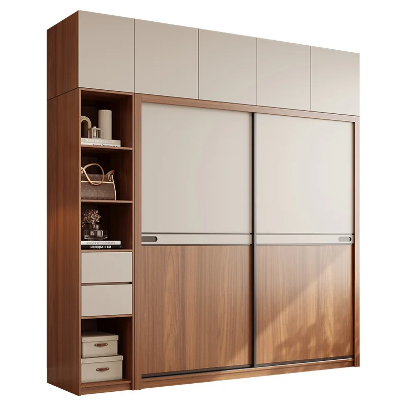 Guardaroba con ante scorrevoli di lusso leggero in legno massello multistrato, camera da letto di casa, semplicità moderna