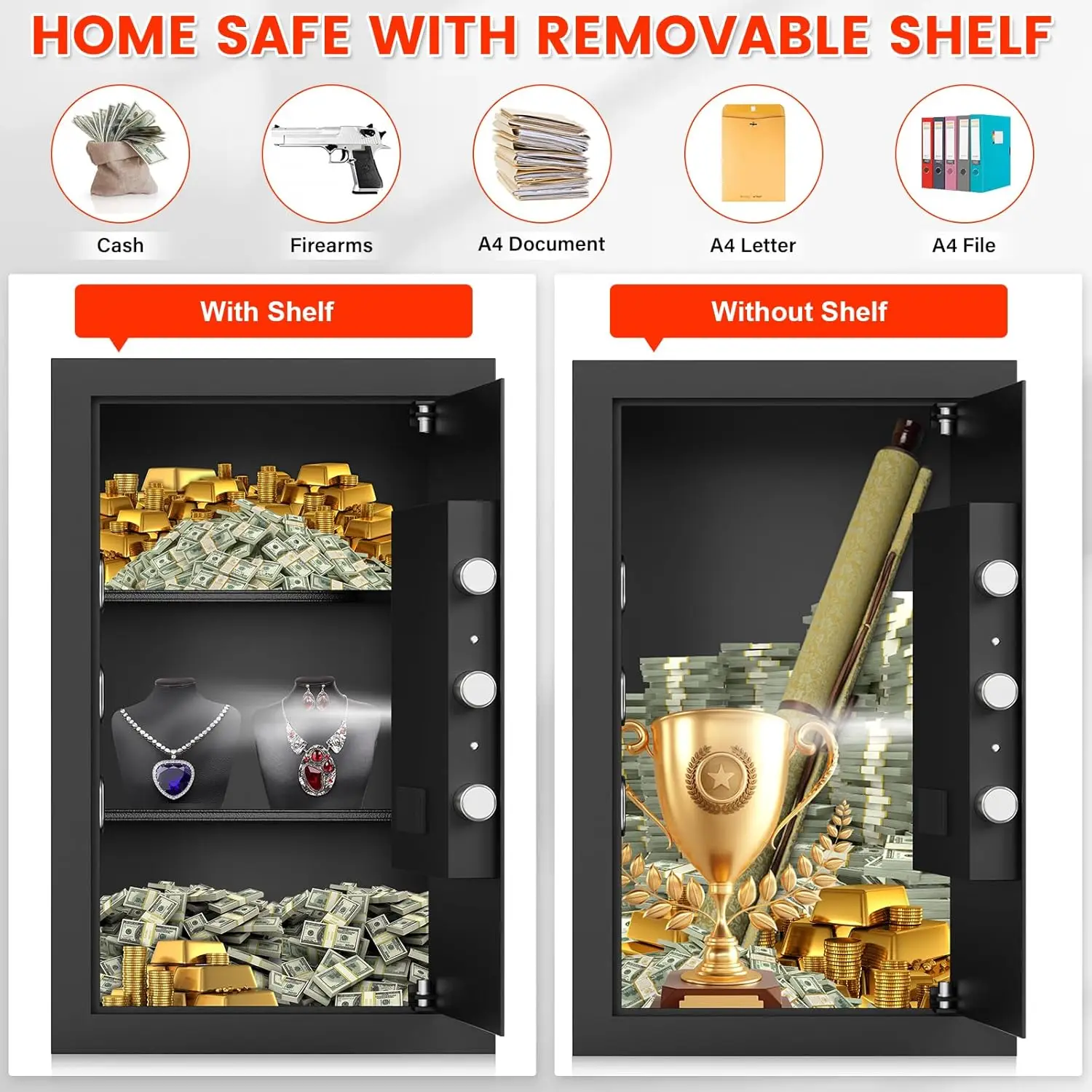 5.0 Cub Large Safe for Home, Digital Security Safe Box with Combination Lock, Removable Shelf and Alarm System, Anti-Theft Docum