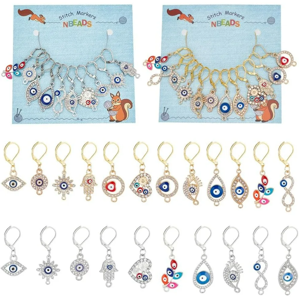 22 Pcs Evil Eye Stitch Markers, Rhinestone Enamel Crochet Stitch Marker Removable Leverback Clasps Locking Stitch Marker