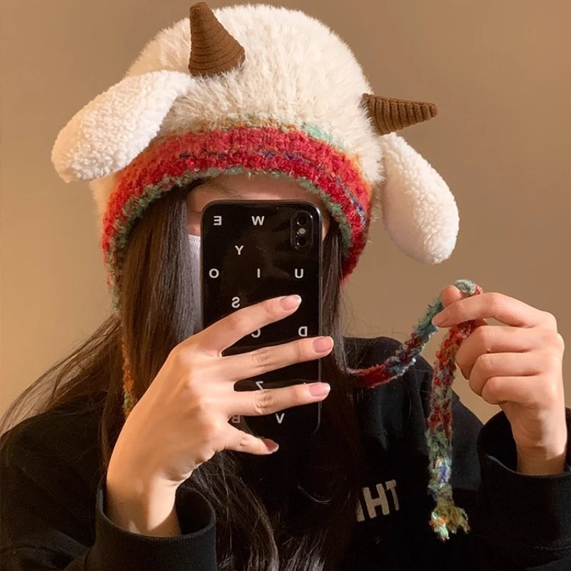 Kawaii الصوت المنشط لامب قبعة محشوة دافئ أفخم قبعة شتوية لطيف صرير الأذن قبعة أغطية الرأس للأطفال ارتداء اليومي الهدايا