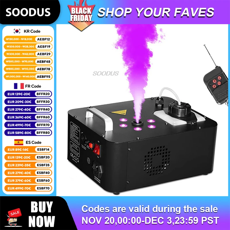 

Lights Vertical Dry Fog Machine 900W With 6 LED Lights DMX Wireless Remote Control For Stage Club Halloween Wedding DJ Parties