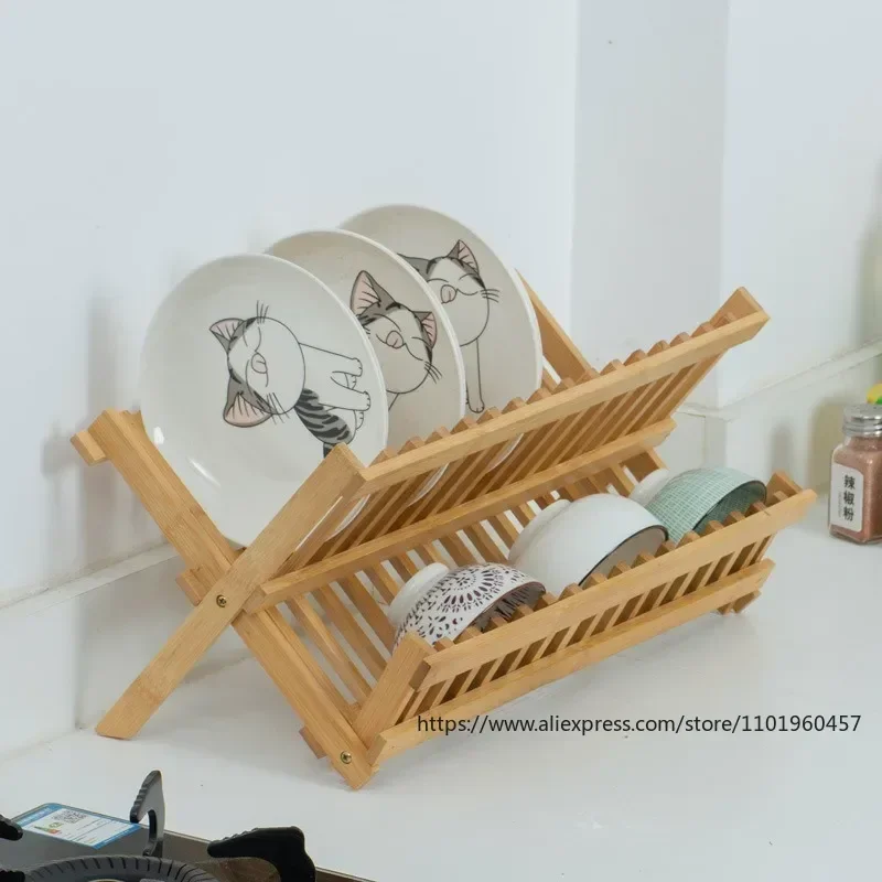 Dish Drainer  Folding Bamboo Serving Utensils Drying Rack Holder Utensil Drainer Plate Storage Holder Plate Wooden