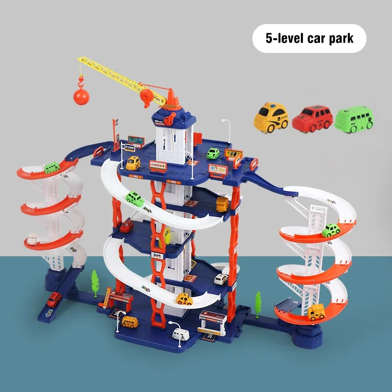 Construcción de estacionamiento de ciudad de ferrocarril grande, estacionamiento artesanal multicapa, ranura de montaje artesanal, pista de carreras de aventura, regalos para niños