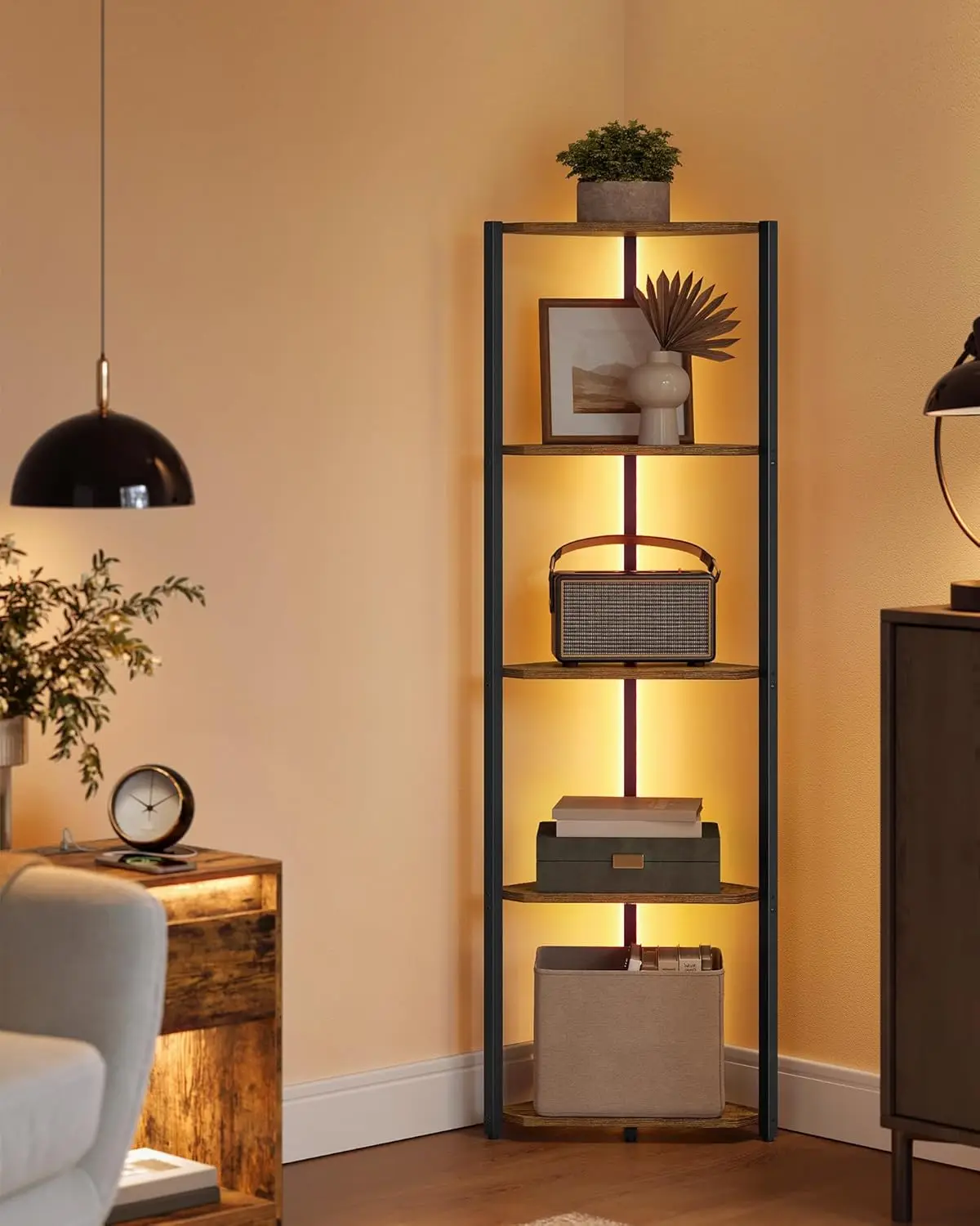 

Corner Shelf Stand with LED Lights, 5-Tier Corner Bookshelf, Storage Shelf with Steel Frame, 9.8 x 18.9 x 57.7 Inches, for