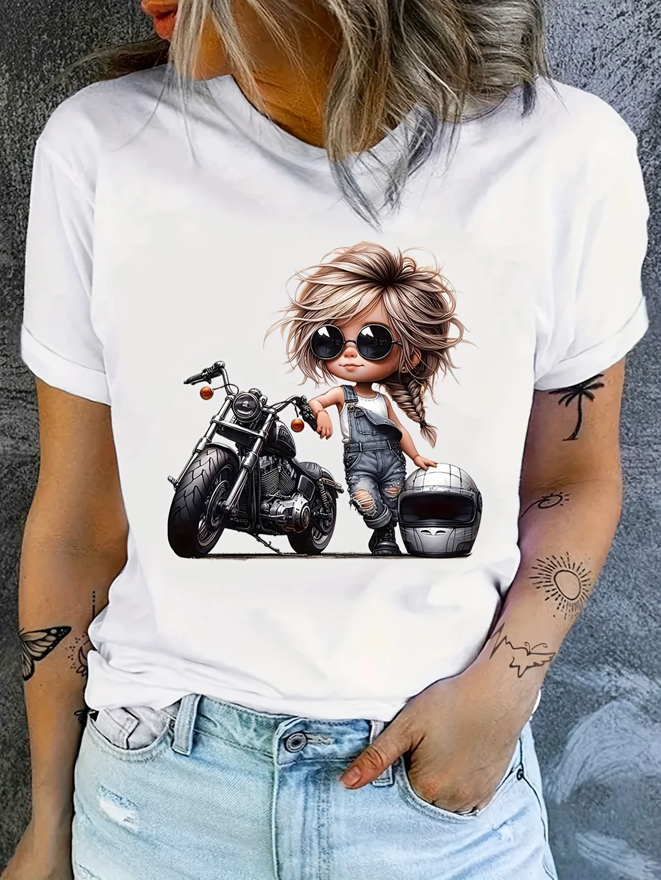 Design Stretch Summer Spring Allseasons Nontransparent Material Women's Graphic T-Shirt Sleeve Cartoon Motorcycle