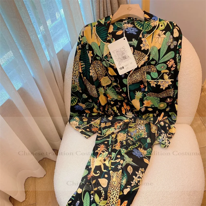 

Green Tiger Pajamas Suit Long Sleeve Shirt Pants 2Pcs Ice Silk Sleepwear Women Luxury Pijama Mujer Rayon Pyjama Mariage Femme