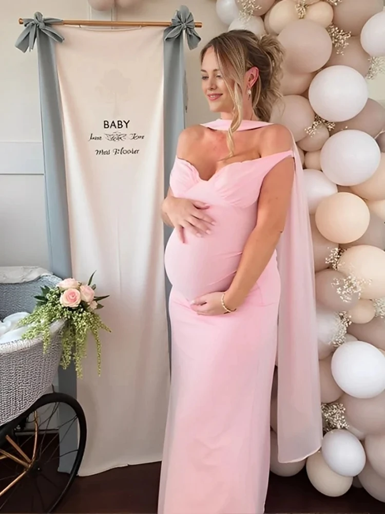 فستان أنيق للأمهات لالتقاط الصور بدون أكتاف وشاح وياقة فستان ماكسي بدون حمالات بدون ظهر للحمل فستان استحمام الطفل #2