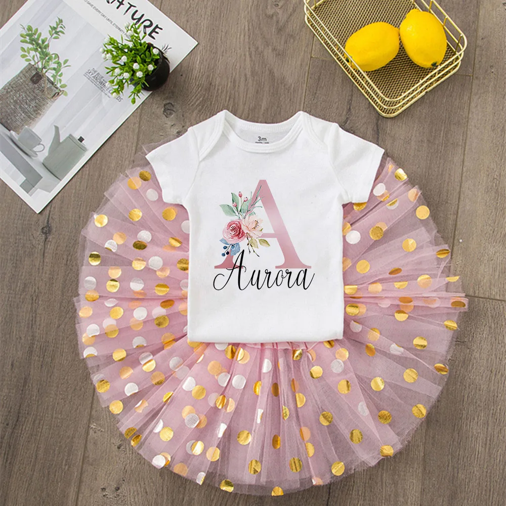 Personalised Baby Girl Birthday Party Dress Custom Initial with Name Tutu Cake Dresses + Romper Outfits Girls Clothes Jumpsuits