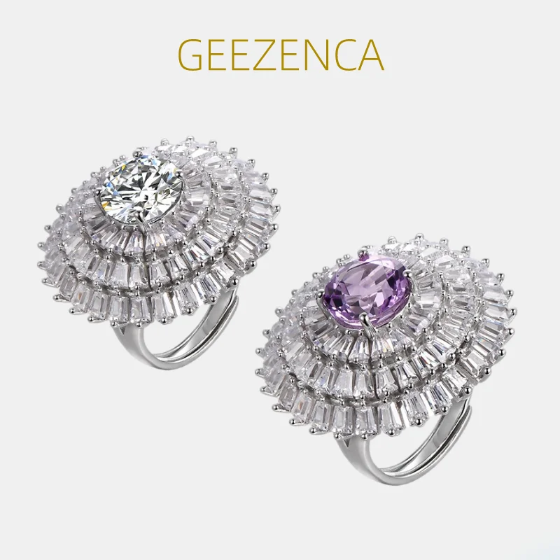 

GEEZENCA 925 Silver Moissanite Amethyst Round Rings For Women Zircon Classic Court Style Luxurious Exaggerated Big Ring 2023 New