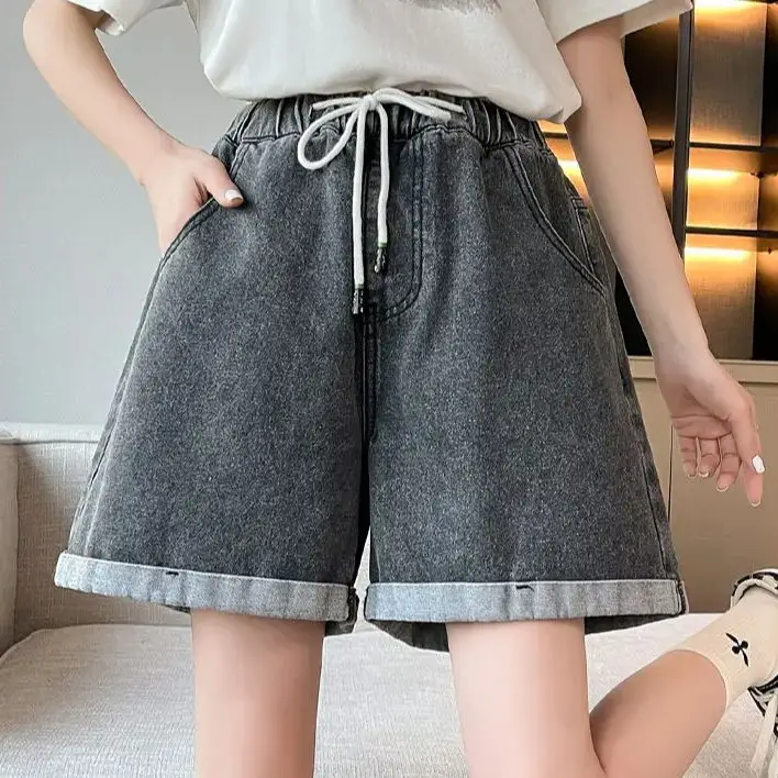 Big Size Black Denim Shorts Summer A-line Wide Leg Wide Loose Tight High Waist Skinny Student Fattening Women's Denim Soft