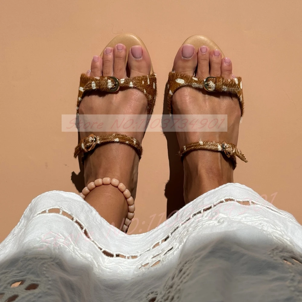 Buckle Flats Mules Women Horse Hair Leopard Round Toe Shoes Summer Casual Dress Slides Plus size