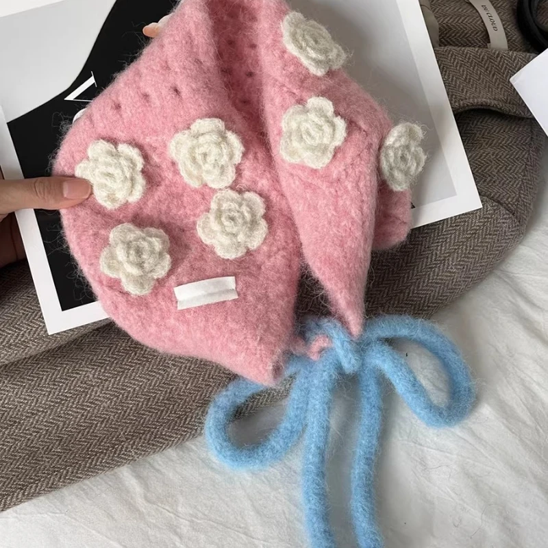 Three-dimensional small flower knitted lace-up earmuffs women's winter versatile warm scarf
