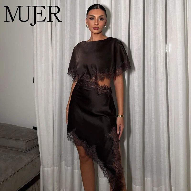 MUJER Gala-Spitzenkleider für Damen, ausgehöhlte Partykleider für Damen, asymmetrische Nachtkleider für Damen, Mini-Kleid mit Cape-Ärmeln für Damen
