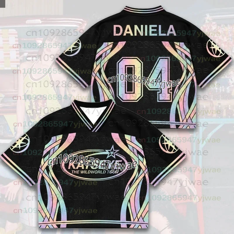 2026 Neues leuchtendes Katseye The Wildworld Tour Mesh-Jersey Geschenk für Eyekons Bunte gebogene Streifen Schwarzes T-Shirt für Männer Frauen Fans Oberteile – Detail 6