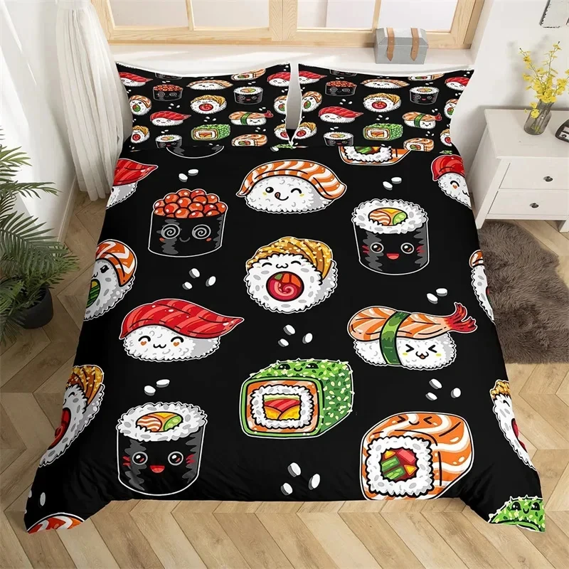 Cartoon Panda Sushi King Duvet Cover Japanese Style Cherry Blossom Comforter Cover Queen Microfiber Koi Fish Floral Bedding Set