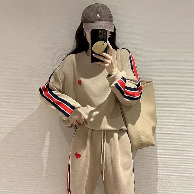 Love Embroidery Sweatshirts and Sweatpants for Women, Casual Hoodies, Oversized 2-Piece Sets, Korean Fashion, Y2k Clothes