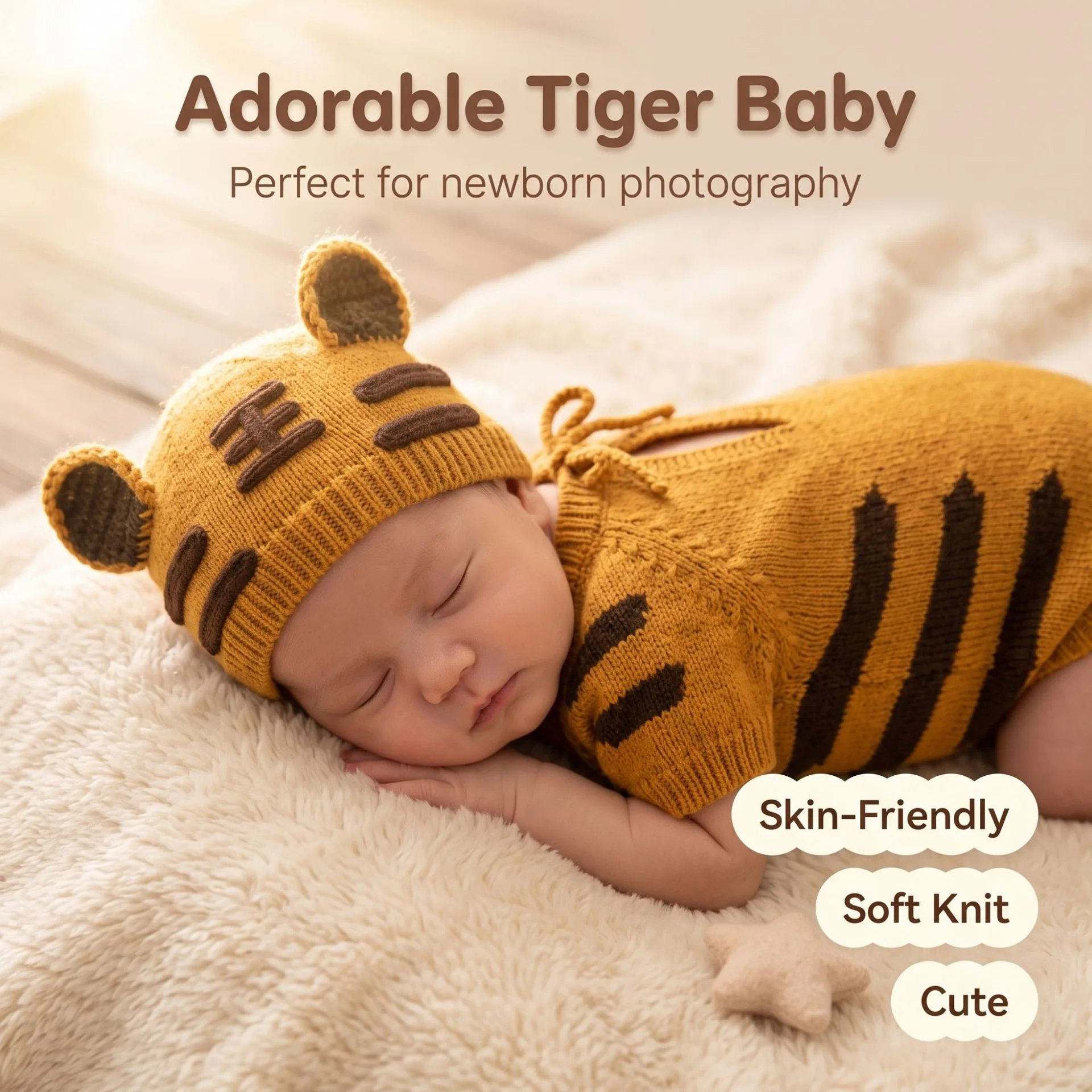 Newborn Photography Props Tiger Knitted Romper and Hat Set Baby Boy Girl Photo Outfit Cute Animal Costume Infant Photoshoot Clot