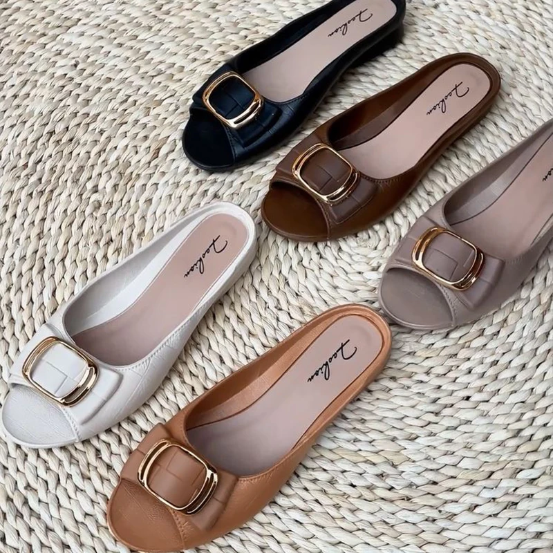 Women's Summer PVC Half Slippers Fashion Square Buckle Casual Chunky Heels Flat Daily Slippers