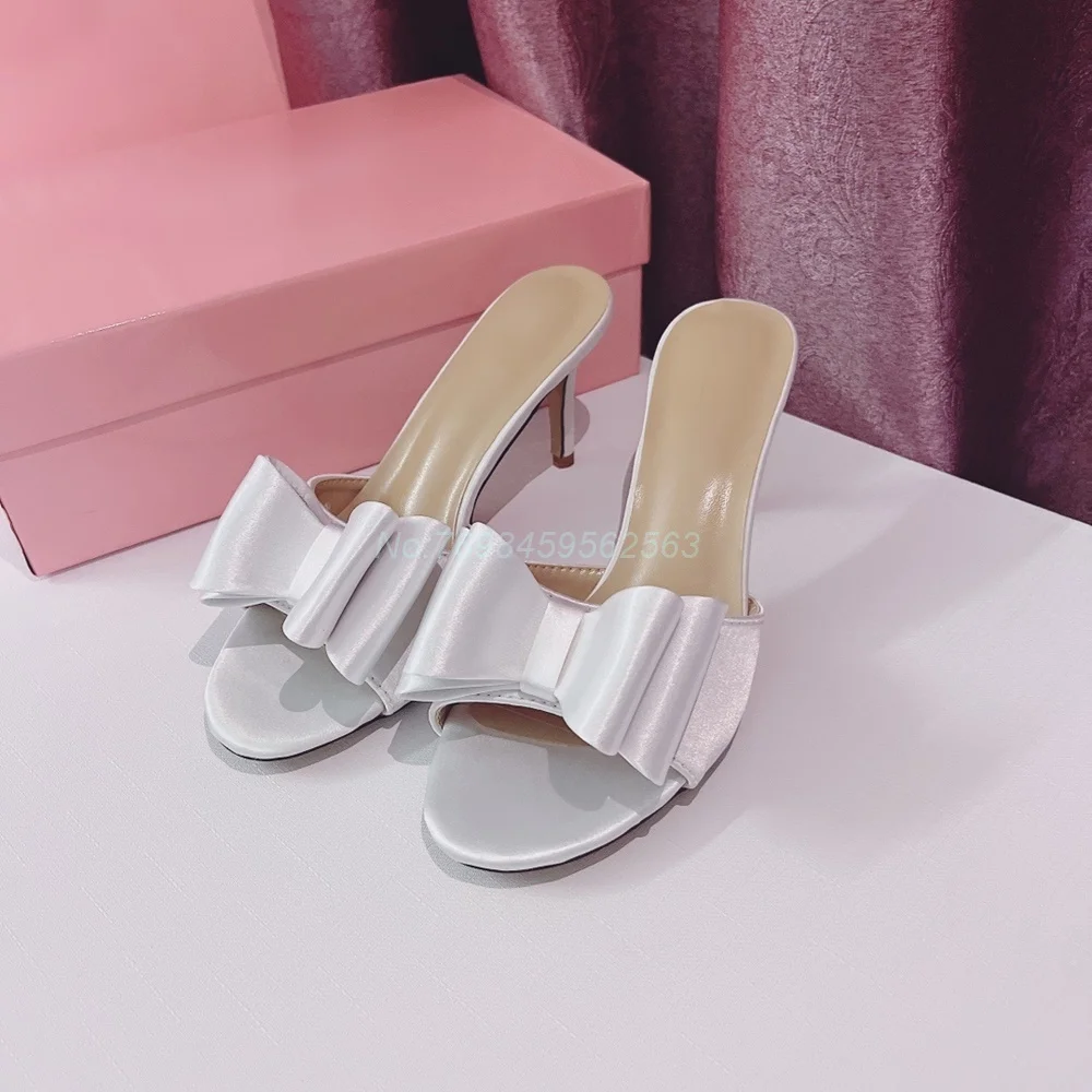 

Bow Tie Sweet Slippers Satin Summer Outside Shoes Women Party Dress Stilettos Round Open Toe White Pink Nude Color Large Size