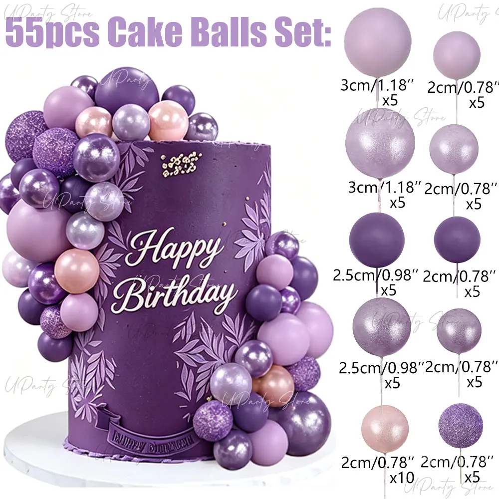 55pcs Purple Ball Cake Decoration Glitter Glossy Purple Lavender Ball Picks Cupcake Cake Topper for Birthday Wedding Party Decor