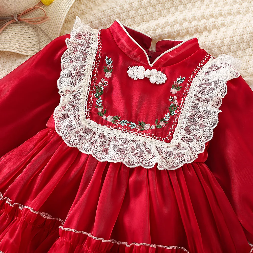 Autumn New Girls\' Dress Fashionable Chinese Style Flower Embroidery Lace Mesh Girl Princess Dress(9 Months - 3 Years Old)
