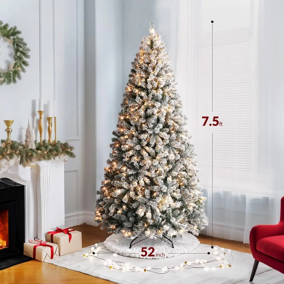 7.5ft Prelit Snow Flocked Artificial Christmas Pine Tree for Holiday Party Decoration 500 Warm White Lights, Metal Hinges & Base